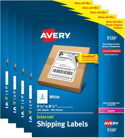 Avery Half-Sheet Printable Shipping Labels, 5.5" x 8.5" Customizable Stickers, White, 200 Blank Mailing Labels, Great for Mailing, Shipping, Organizing, and More (5126)
