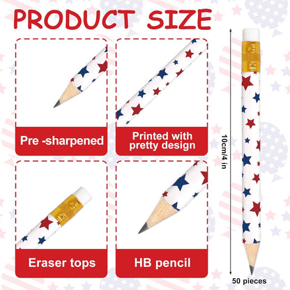 JarThenaAMCS 50Pcs Independence Day Pencil with Erasers American Flag Short Writing Wooden Pencils Red White Blue Patriotic Half Pencil for 250th Anniversary 4th of July School Office Supplies, 4 in