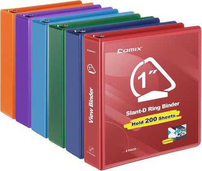COMIX Sturdy 1 Inch Binders 3 Ring with Clear View Cover, 1" Slant-D Ring View Binder Holds 225 Sheets of US Letter Size Paper, 6 Pack (Green)