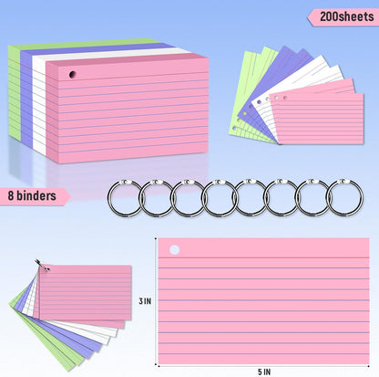 200 Count 3 x 5 Inch Purple Index Cards with Binder Rings, Lined & Blank Study Cards, Thick Cardstock Flash Cards for Students & Teachers, Color-Coded Notecards for School, Home, Work