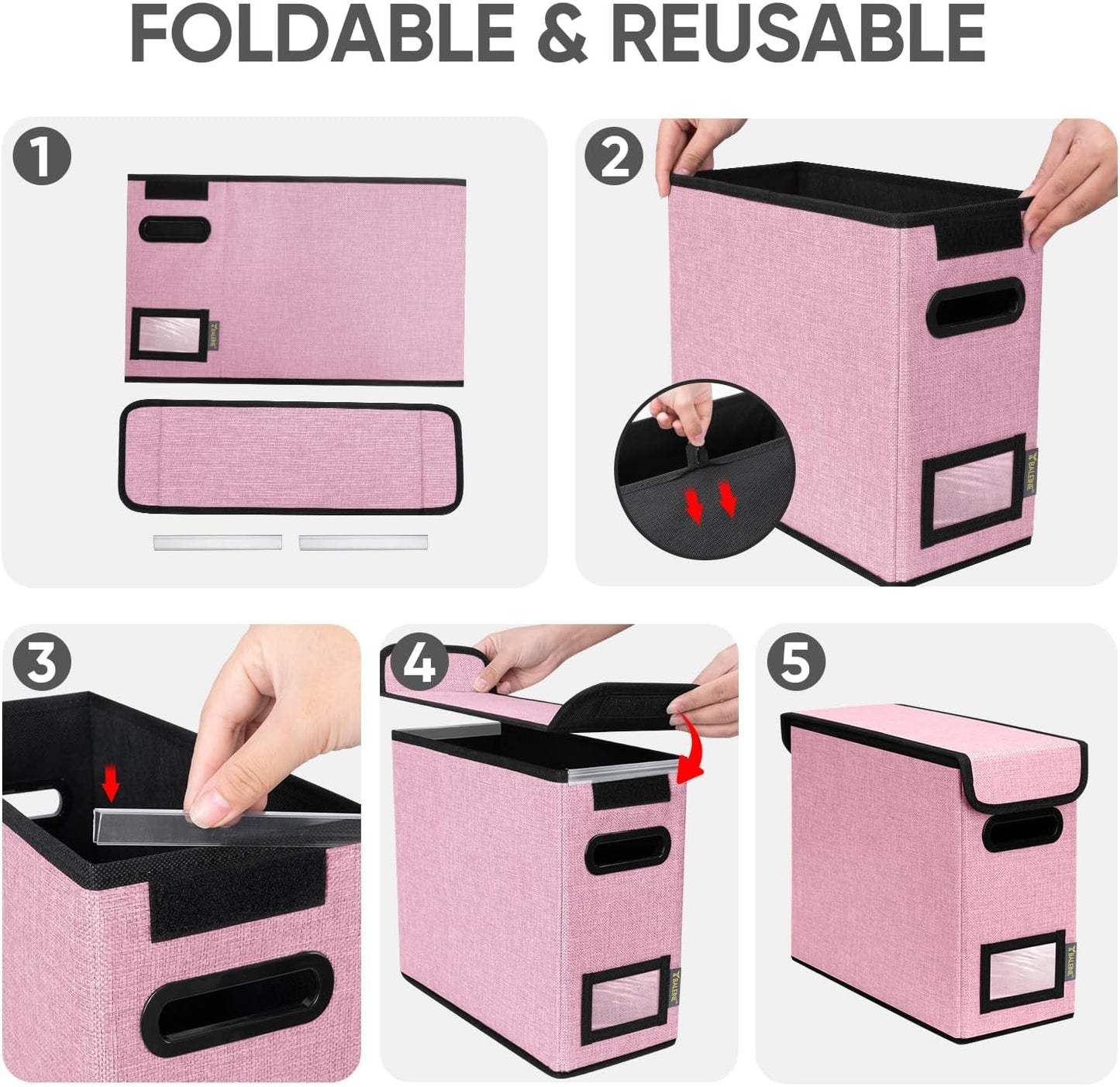 BALEINE File Organizer Box with Lid, Collapsible File Folder Organizer with Plastic Slide, Hanging File Folder Box for Office Document Storage (1 Pack, Black)