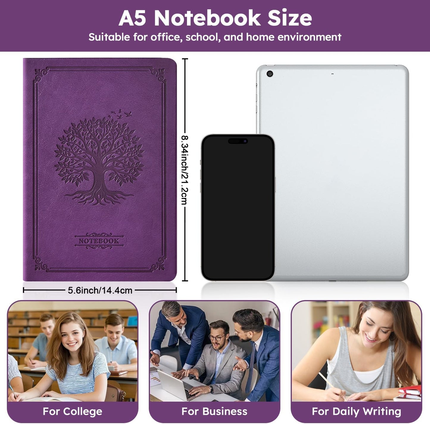 Hardcover Lined Notebook Journal for Writing, 320 Pages Leather Thick College Ruled Notebook Journal with 100GSM Paper, A5 (5.7'' X 8.4'') Daily Journal for Women Men Work Organization, Black