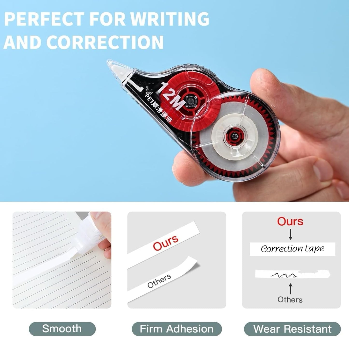 15PCS Correction Tape, 39.37ft Each, Fast, Clean, Opaque and Easy to Use Tear-Resistant Correction Tape Bulk Office or School Supplies, Blue, Red, Gray