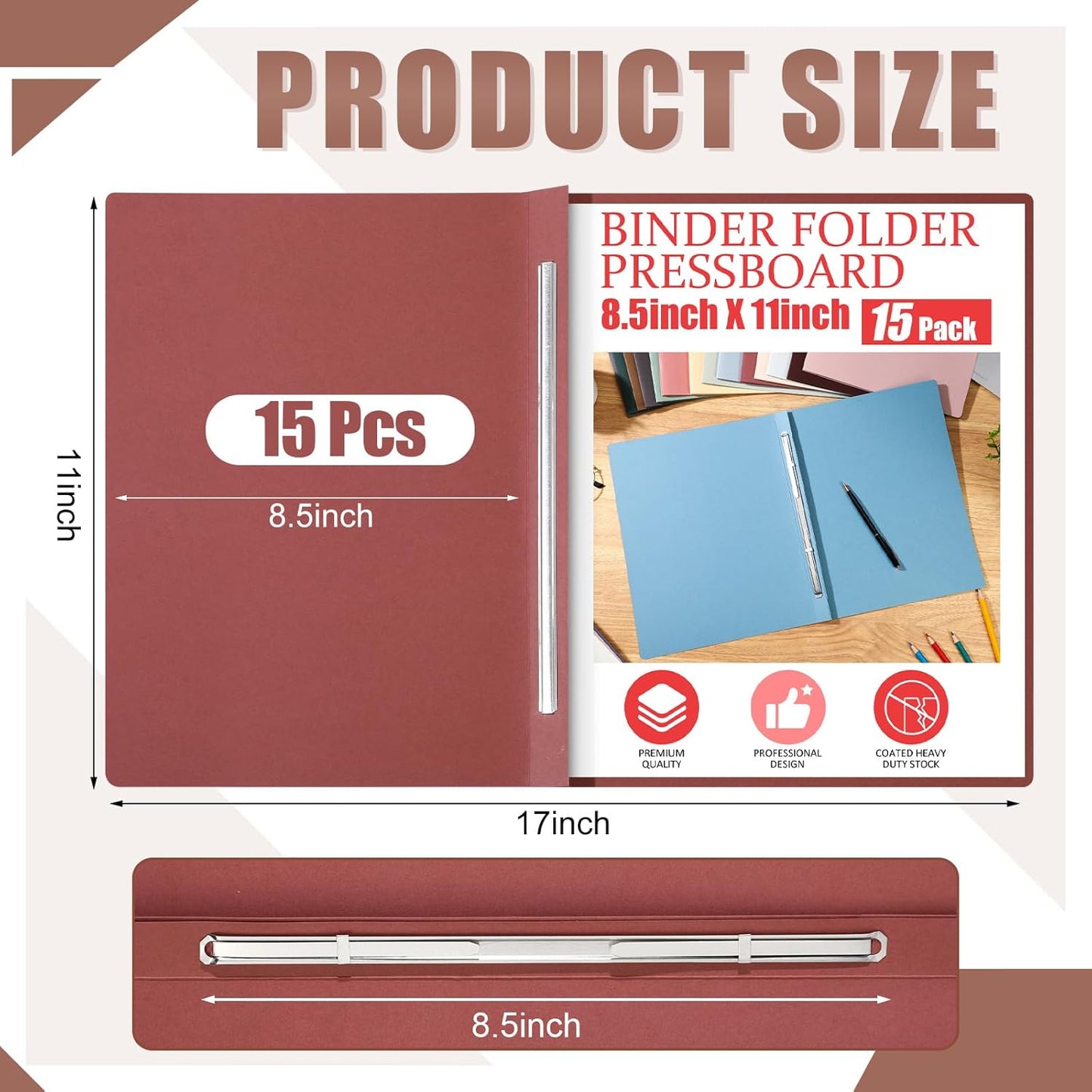 Zhanmai 15 Packs 8.5'' x 11'' Pressboard Report Covers, Metal Prong Fastener with Compressor, Letter Size 3'' Capacity Presentation Report Folder to Neatly Bind Reports, Proposals, Documents(Blue)