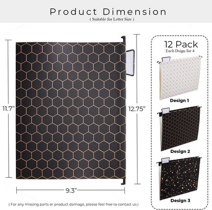 Y YOMA 12 Pack Rose Gold Hanging File Folders Letter Size Decorative File Folder Cute Pretty Hanging Folder Organizer for Filing Cabinet Office Home with 1/5-Cut Adjustable Tabs, 3 Gold Foil Design
