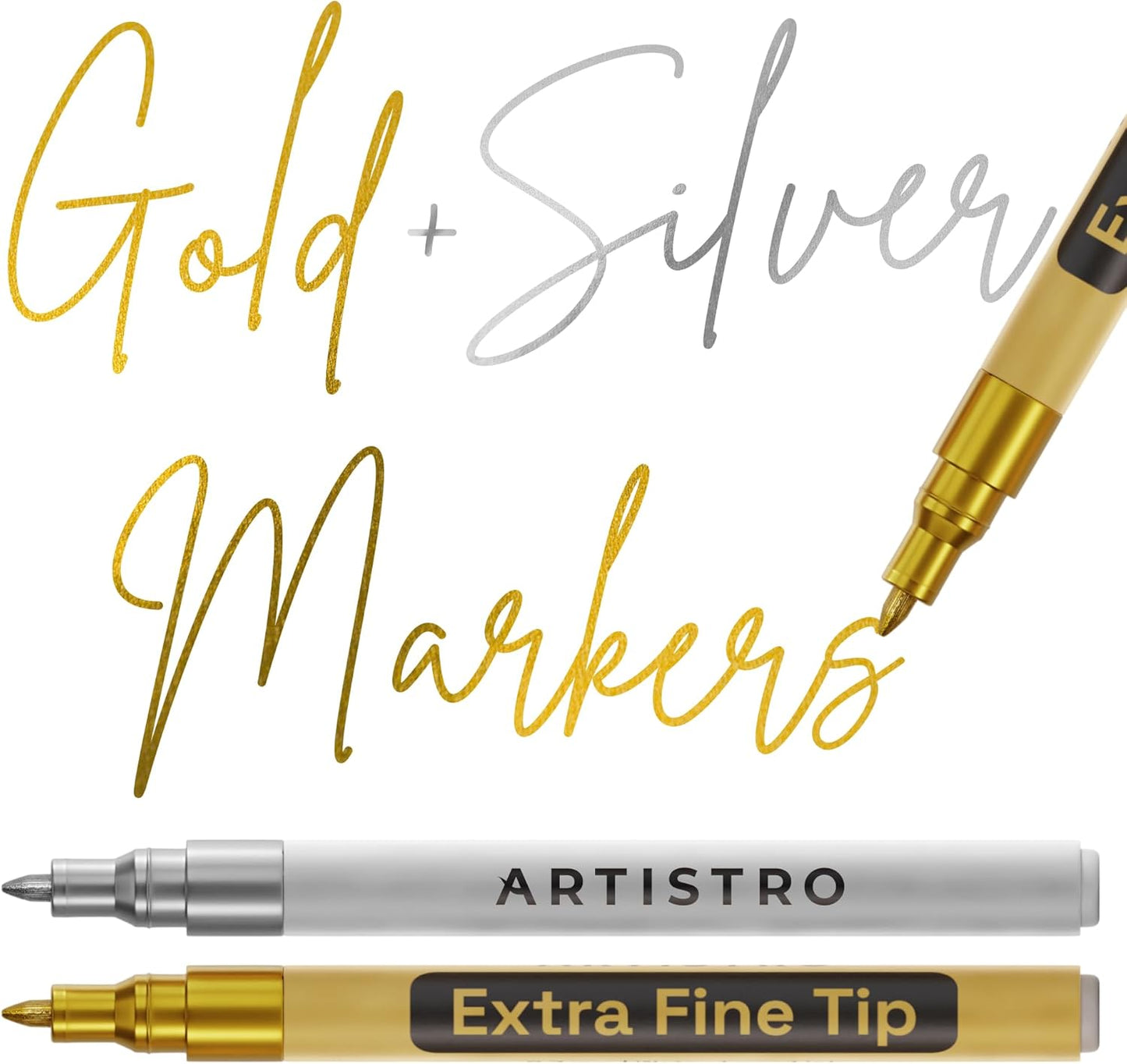 ARTISTRO 2 Gold Acrylic Paint Markers - 0.7mm Extra Fine-Tip Metallic Paint Pens - Perfect for Crafting, Art Projects, & More