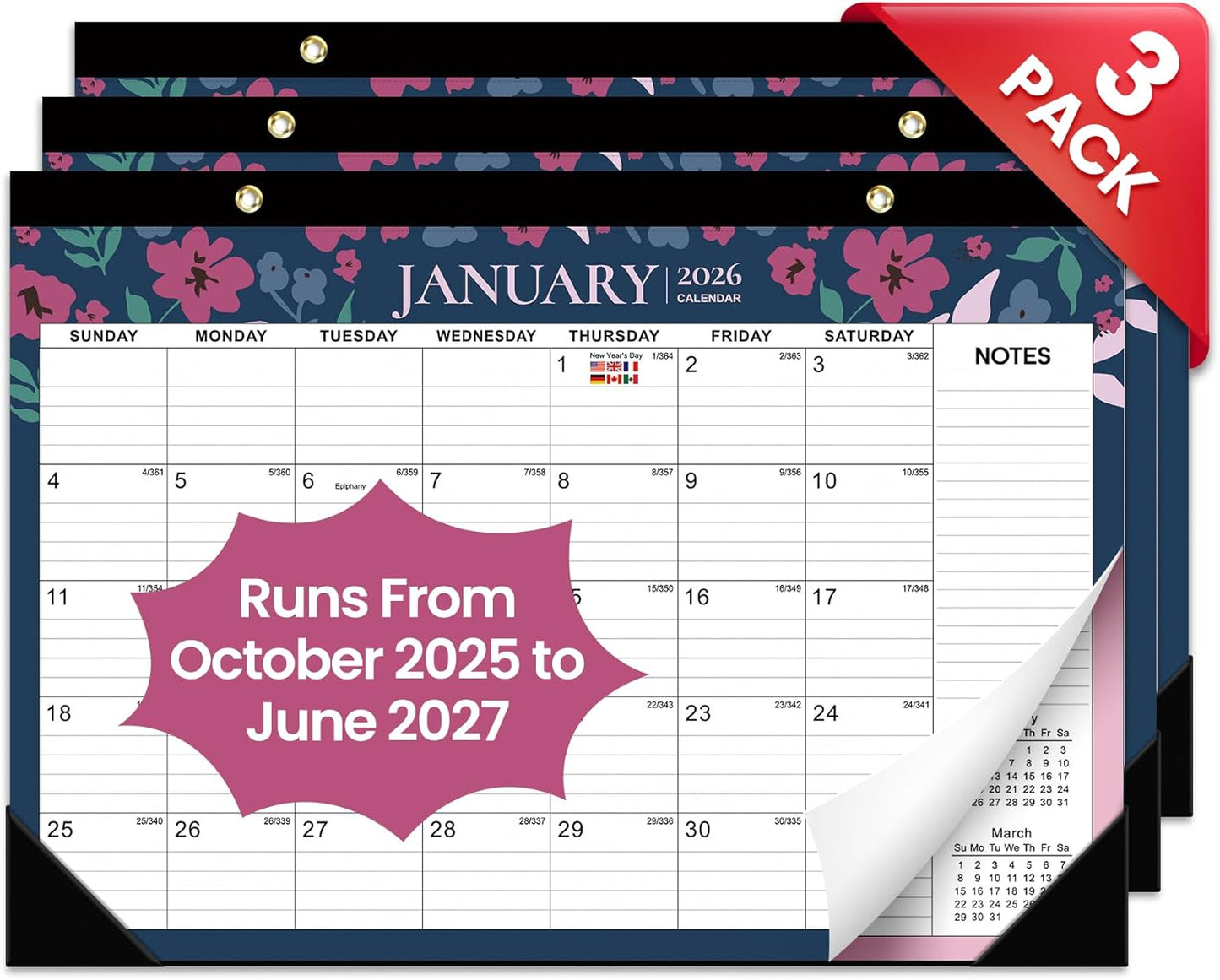 Desk Calendar 2026-2027, 21-Month Calendar Runs Until June 2027, Large 17" x 12" Monthly Desktop & Wall Calendar for Home & Office - Floral