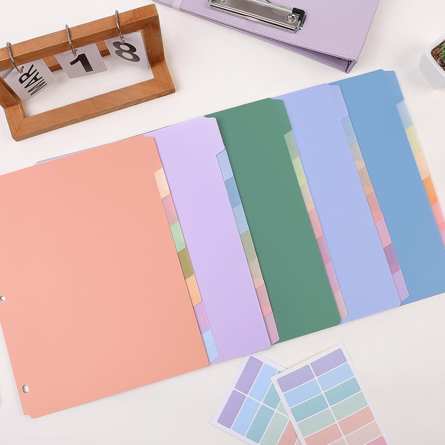 SKYDUE 8 Tab Durable Plastic Dividers, Big Tab Dividers for 3 Ring Binder, Letter Size,Write & Erase Binder Dividers with Tabs, with Sticker Labels, 1 Set, Aesthetic Pastels Binder Dividers