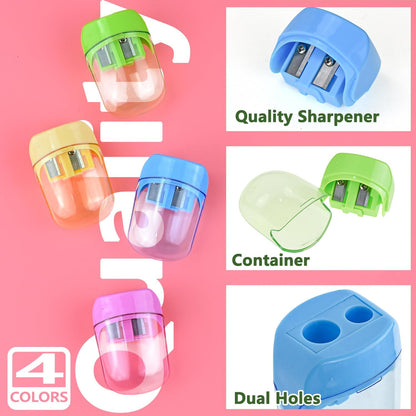 Colored Manual Pencil Sharpeners in Bulk, BOPART 24pcs Small Handheld Pencil Sharpener Dual Holes with Lid for Kids Adults at Classroom School Office Home (24Pcs Sharpeners - D)