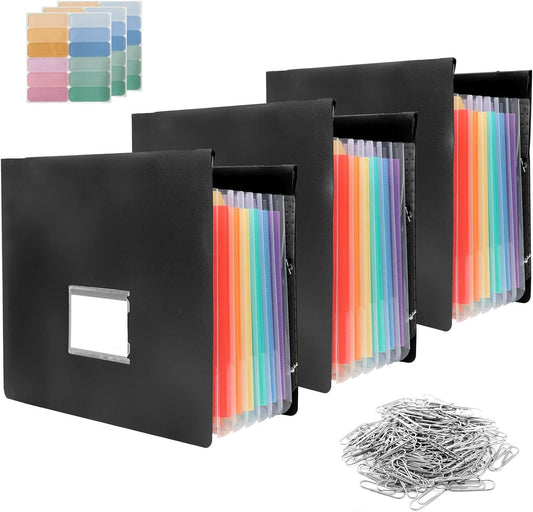 7-Pocket Hanging File Folders, 3 Pack Expandable File Organizer with 18 Sticky Notes & 100 Paper Clips, Letter Size Accordian Pockets for Filing Cabinet Home, Office, School(Color:Black)
