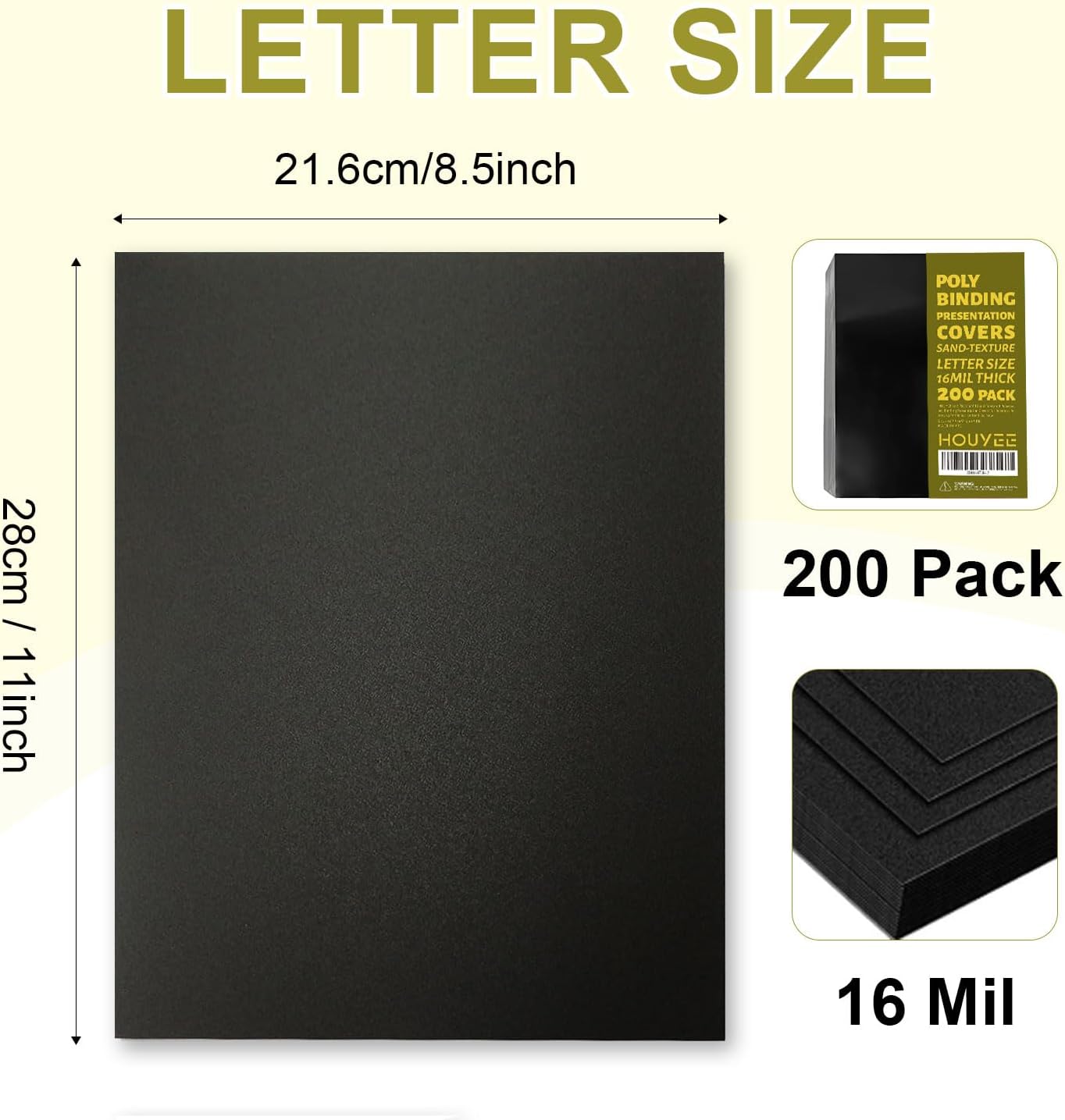 HOUYEE 100 Pack 16 Mil Poly Binding Covers,Sand Texture Binding Presentation Covers,8.5x11 Inches,Letter Size,Black,Square Corners,Un-Punched