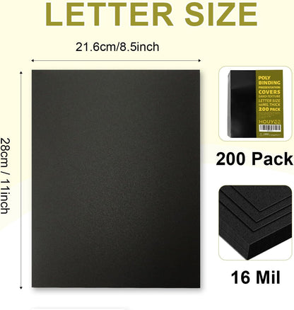 HOUYEE 100 Pack 16 Mil Poly Binding Covers,Sand Texture Binding Presentation Covers,8.5x11 Inches,Letter Size,Black,Square Corners,Un-Punched