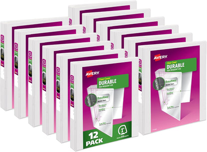 Avery Durable View 3 Ring Binders, 0.5" Slant Rings, 135-Sheet Capacity, 0.7 Inch Wide Spine, Great for Home, School Supplies, Office, or Organization Needs, White Binders (12-Pack of 17002)