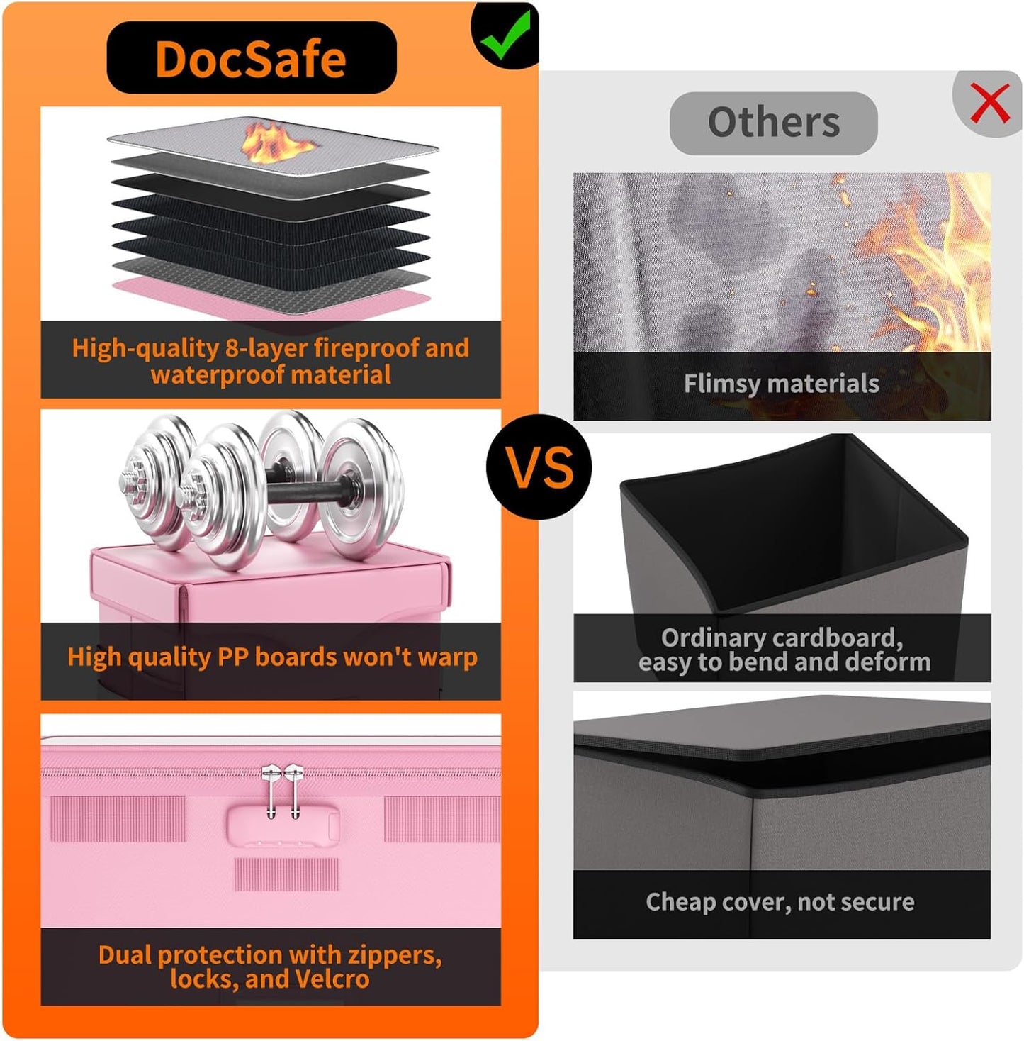 DocSafe Fireproof Document Box with Lock, File Storage Organizer with Mesh Pockets, Collapsible Portable File Box Home Office Safe Filing Cabinet with Handle for Hanging Letter/Legal Folder, Black