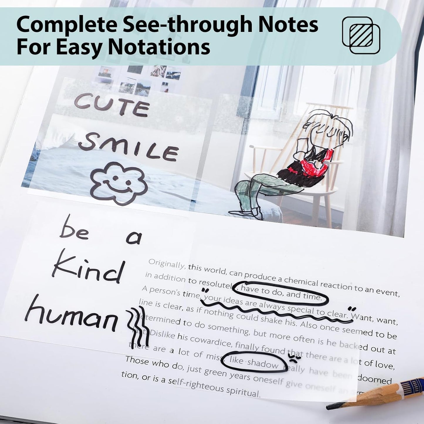 [1000 PCS] Transparent Sticky Notes, 6 Sizes Clear Sticky Notes Pads, Waterproof Self-Adhesive Translucent Sticky Notes for Annotating Books, See Through Sticky Notes for School & Office
