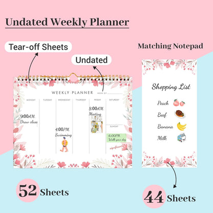 Weekly Planner Notepad Tear Off Set of 2 Weekly Calendar Pad 52 Undated To Do List Notepad Sheets Desk Planner Planning Pads Productivity Tracker for Work Goals Notes Schedule Ideas, Floral Blue