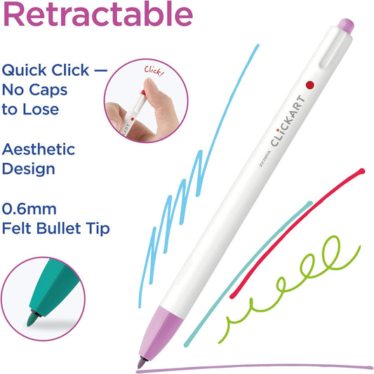 Zebra Pen CLiCKART Retractable Felt Tip Pen, Assorted Ink Nightscape Colors, 0.6mm Fine Point, Moisture Absorbing to Prevent Drying Out, No Bleed, Ideal for Journaling and Drawing, 6-Pack (69116)