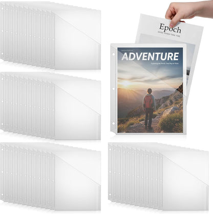 50 Pcs 3 Hole Punch Clear Plastic Document Folders, Binder Dividers with Pockets Waterproof Binders Sleeves Poly Slash File Jackets for Home Office Document Organizer (Transparent)