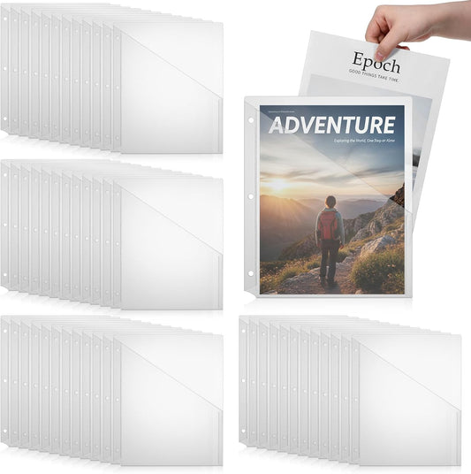 50 Pcs 3 Hole Punch Clear Plastic Document Folders, Binder Dividers with Pockets Waterproof Binders Sleeves Poly Slash File Jackets for Home Office Document Organizer (Transparent)