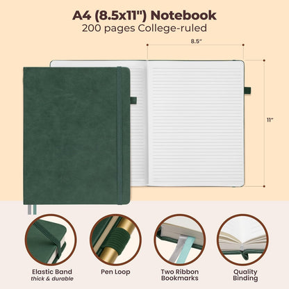 Classic Lined Journal Notebook 8.5x11" A4 Hardcover Leather - Brown - 200 Pages College Ruled Large with Sticky Tabs, Pockets, and Pen Loop for Writing and Journaling - Big Hardback Men and Women