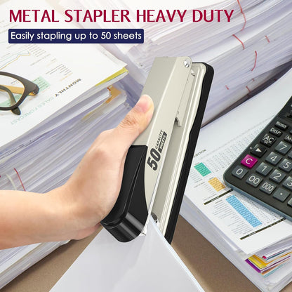Metal Stapler Heavy Duty 50 Sheet Capacity with 1750 Staples and Staple Remover, Full Strip Staplers for Desk, No Jam, Non-Slip for Office & Classroom, Black