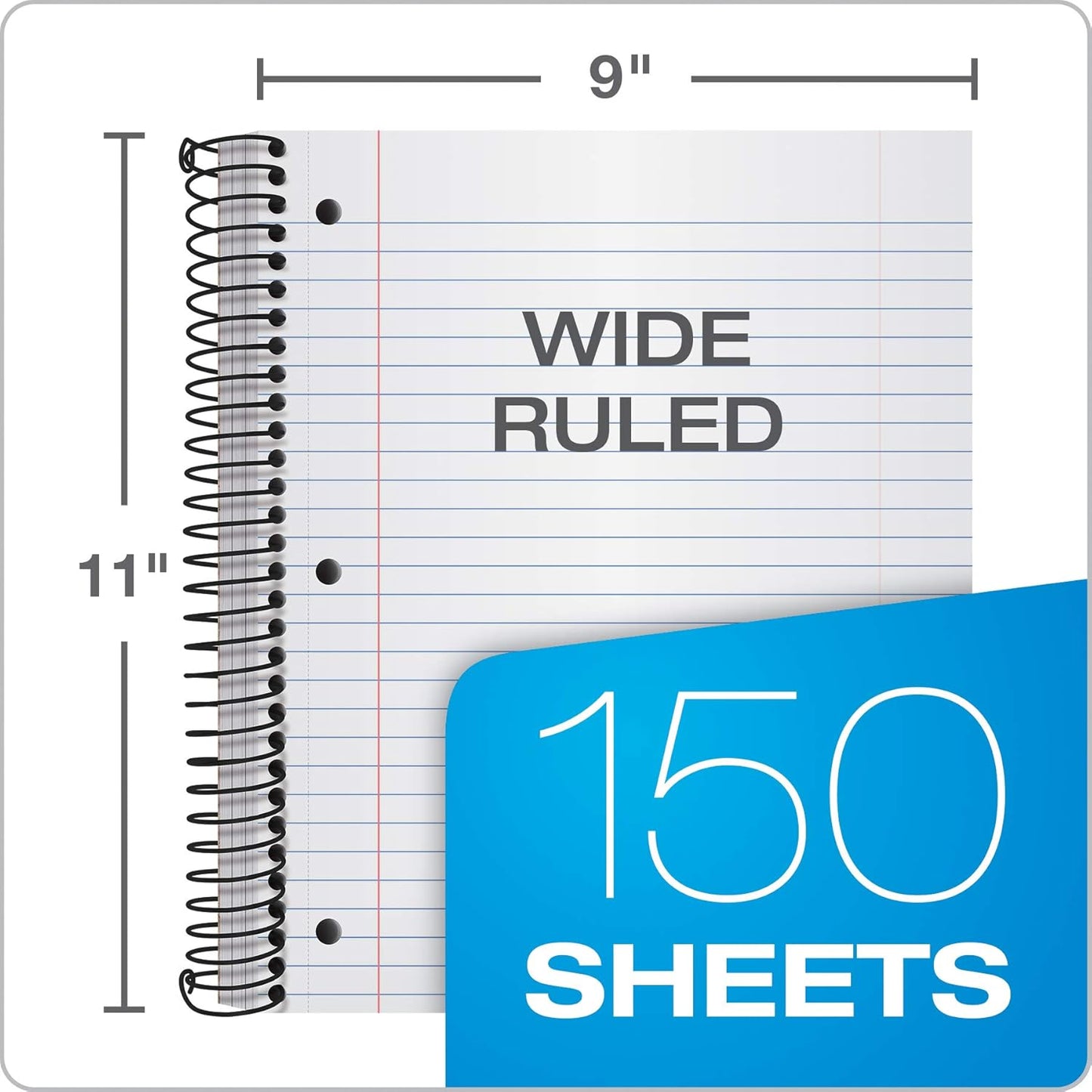 Oxford Spiral Notebook 3 Pack, 3 Subject, Wide Rule, Durable Plastic Covers, Strong Coil, 3 Durable Pockets, 8.5 x 11, 150 Sheets, Red, Green, Blue (89804)
