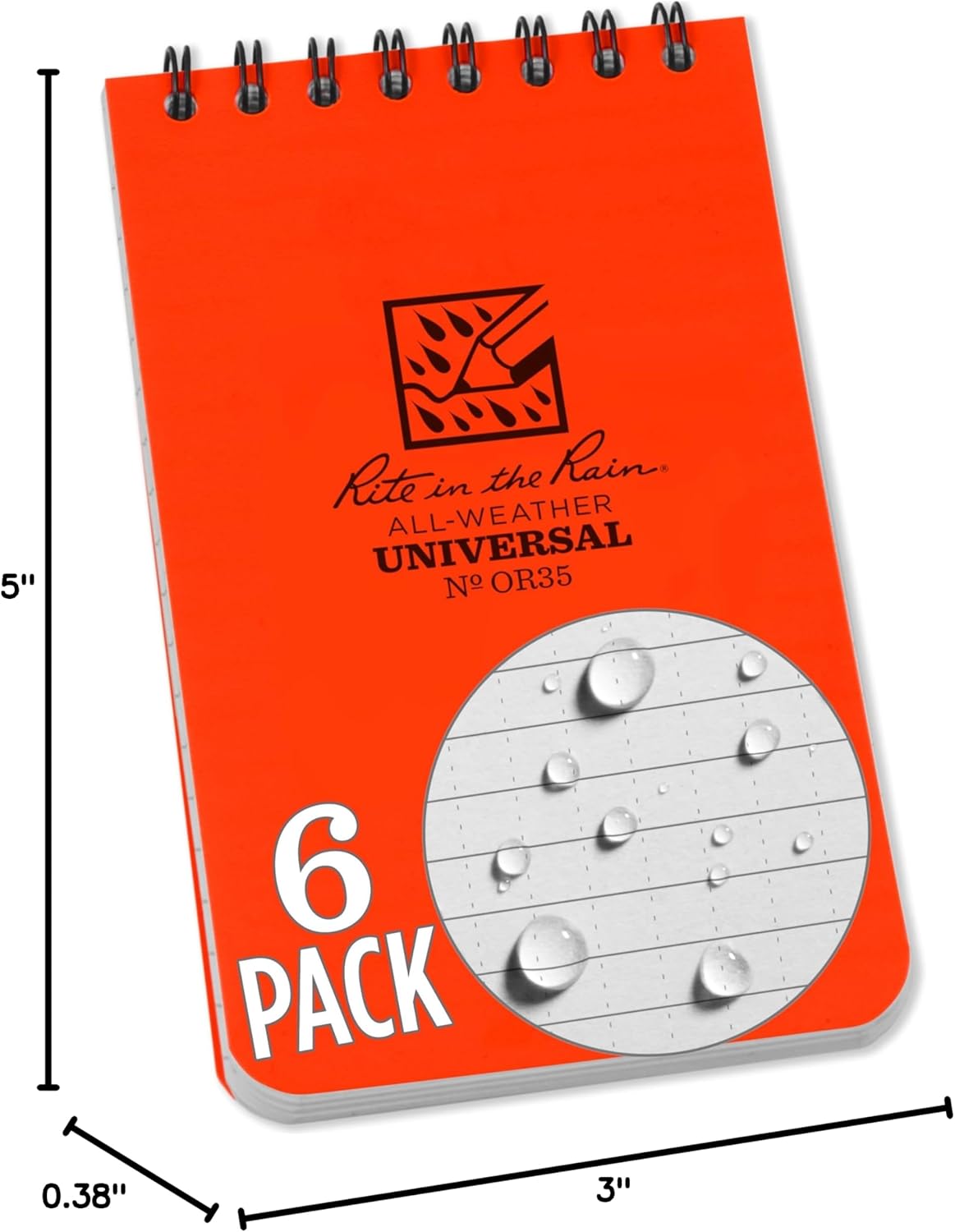 Rite in the Rain Weatherproof Top Spiral Notebook, 3" x 5", Black Cover, Universal Pattern, 3 Pack (No. 735-3X)