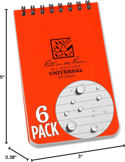 Rite in the Rain Weatherproof Top Spiral Notebook, 3" x 5", Black Cover, Universal Pattern, 3 Pack (No. 735-3X)
