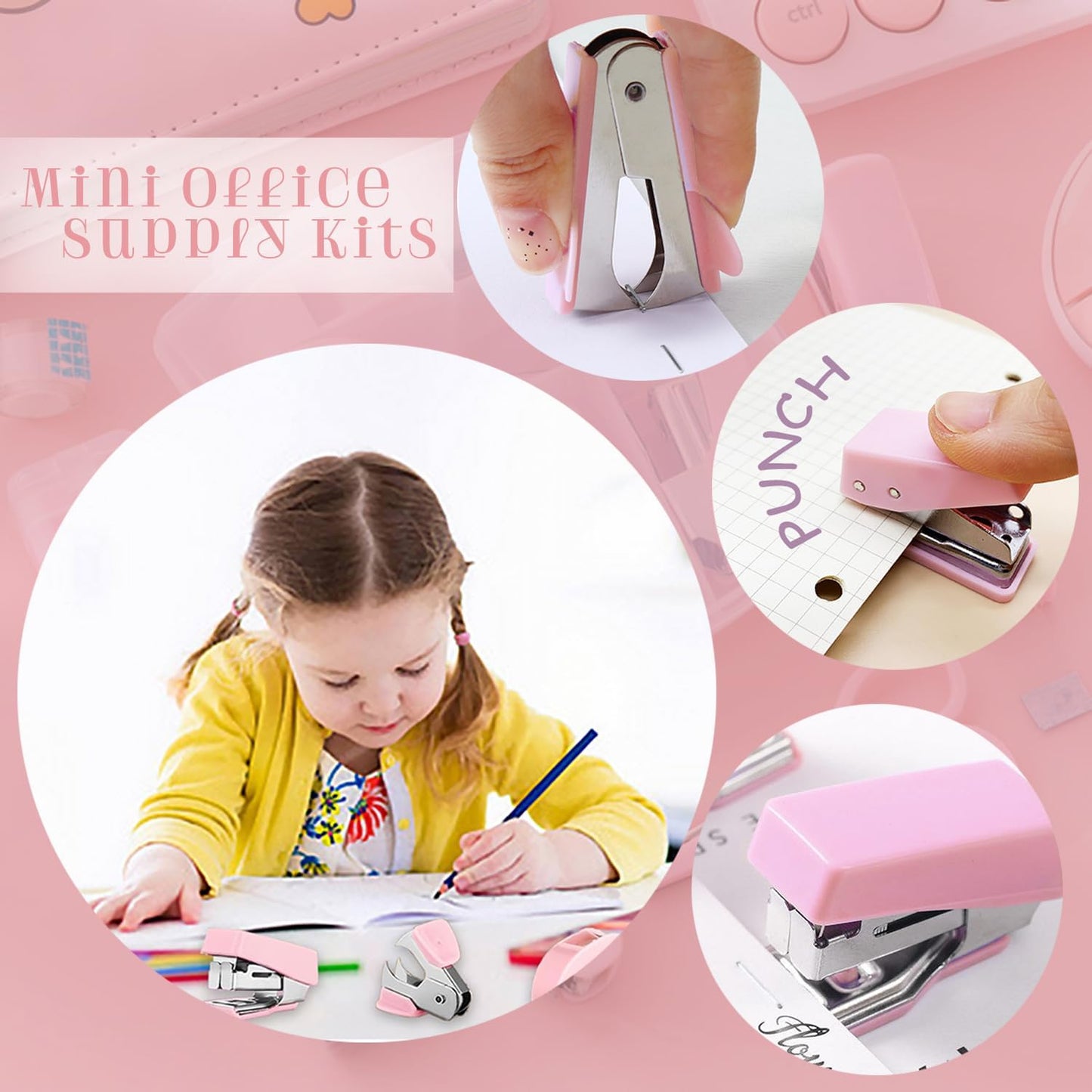 8 Pack Mini Office Supply Kit Portable Case with Scissors,Tape Dispenser Set, Punch,Pencil Sharpener, Mini Stapler with Staples and Staple Remover (Pink)