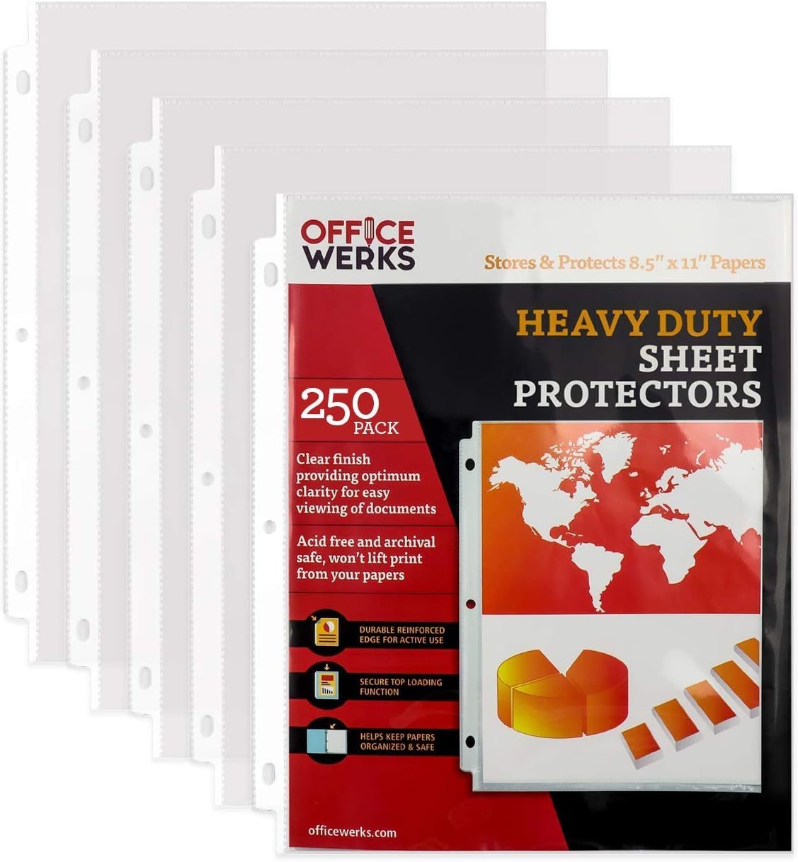 500 Sheet Protectors for 3 Ring Binder, 8.5 x 11 Heavy Duty Clear Plastic Sleeves for Paper, Top Loading Page Protectors, Reinforced 3-Hole Punch, Acid Free Polypropylene, Archival Safe - Office Werks