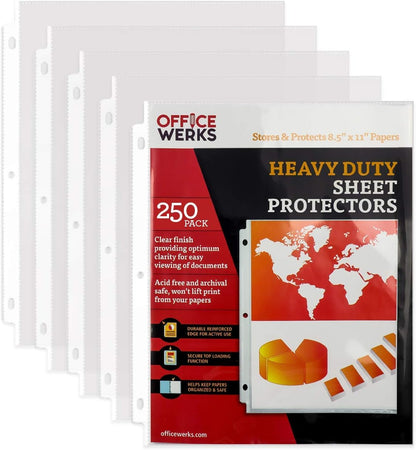 500 Sheet Protectors for 3 Ring Binder, 8.5 x 11 Heavy Duty Clear Plastic Sleeves for Paper, Top Loading Page Protectors, Reinforced 3-Hole Punch, Acid Free Polypropylene, Archival Safe - Office Werks