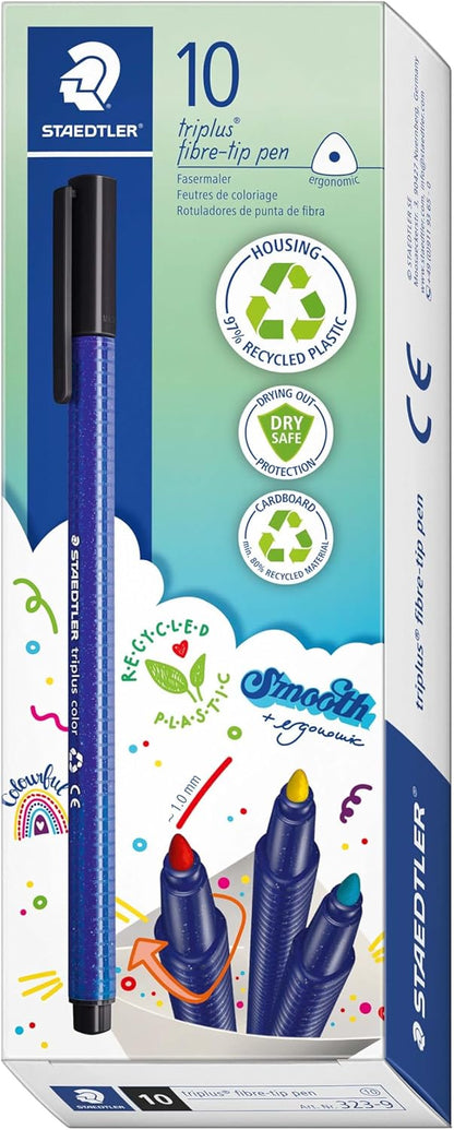 STAEDTLER 323 Triplus Colour Fibre-Tip Pens, 1.0 mm, Assorted Colours, Pack of 10