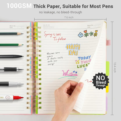Hardcover Spiral Journal Notebook, 300 Pages 5 Subject Notebook College Ruled with Removable Dividers Tabs, 8" x 10" Notebooks for Work, Spiral Ruled Lined Writing Journal Hardcover Leather Notebook for School (Black, 8''x 10'')