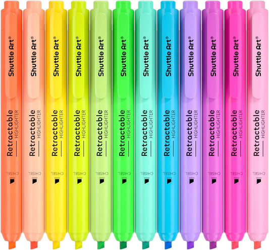 Shuttle Art Retractable Highlighters Assorted Colors, 12 Colors(6 Pastel & 6 Neon) Chisel Tip Fluorescent Markers, Quick-Dry Aesthetic Highlighter Pens for Adults, Perfect for School Office Home