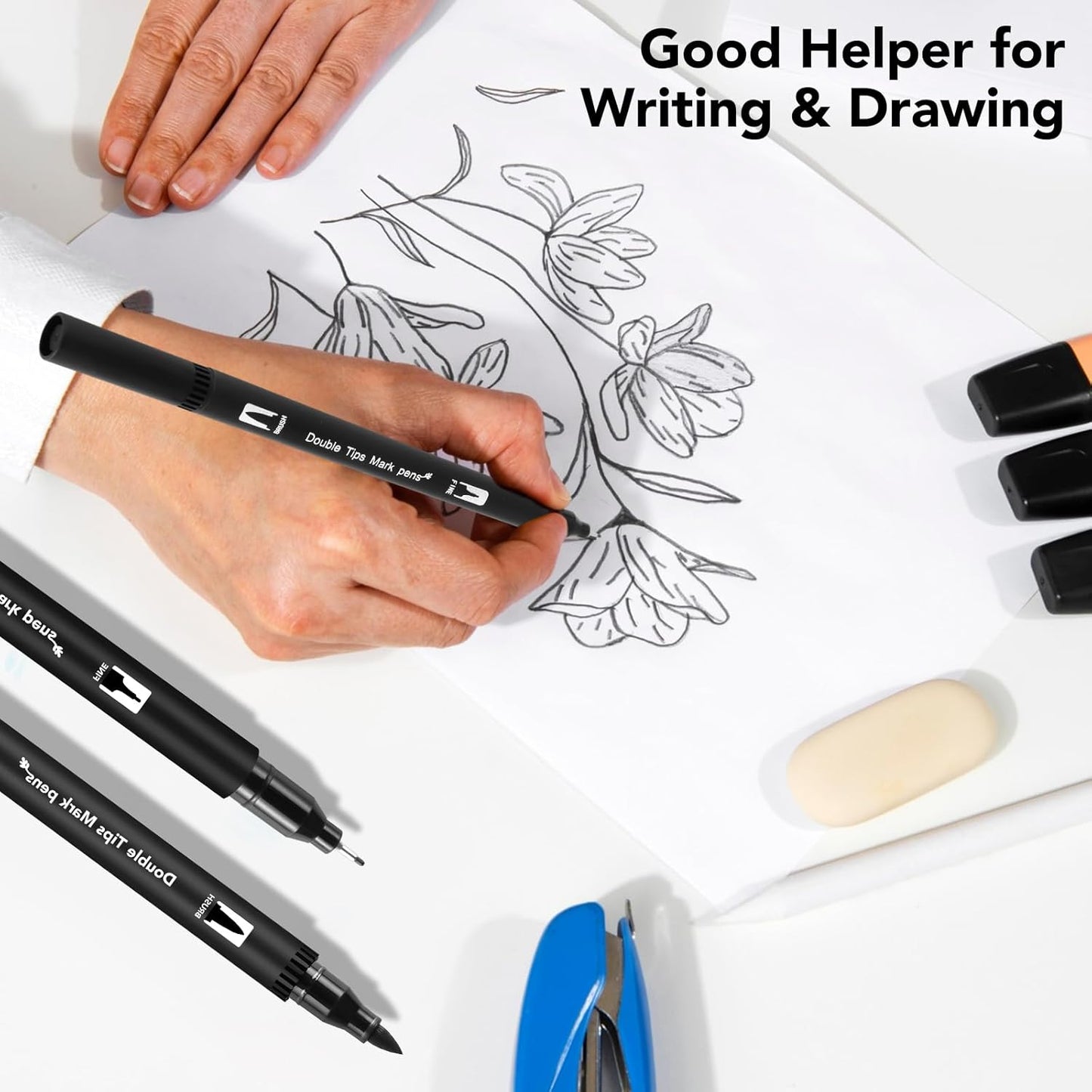 Thboxes 12 Pack Black Drawing Pens, Dual Tip Brush Fineliners Pens Washable Brush Tip Markers for Adults Art Drawing Sketching Journaling Calligraphy