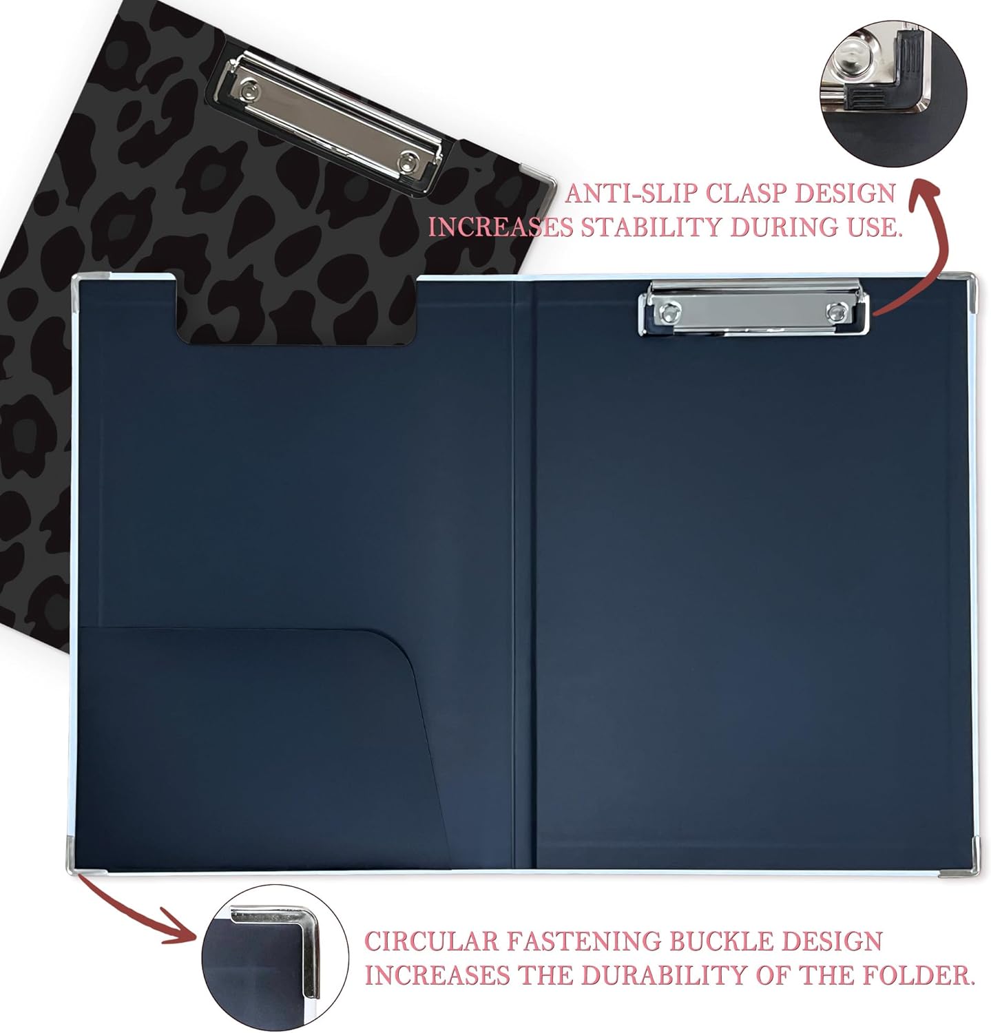 Trendy Black Leopard Print Clipboard Folio with Storage for Office Classroom, Preppy Dark Cheetah Print Padfolio with Metal Clip for Nurses Teachers Students Women Men, 12.4x9.25 in