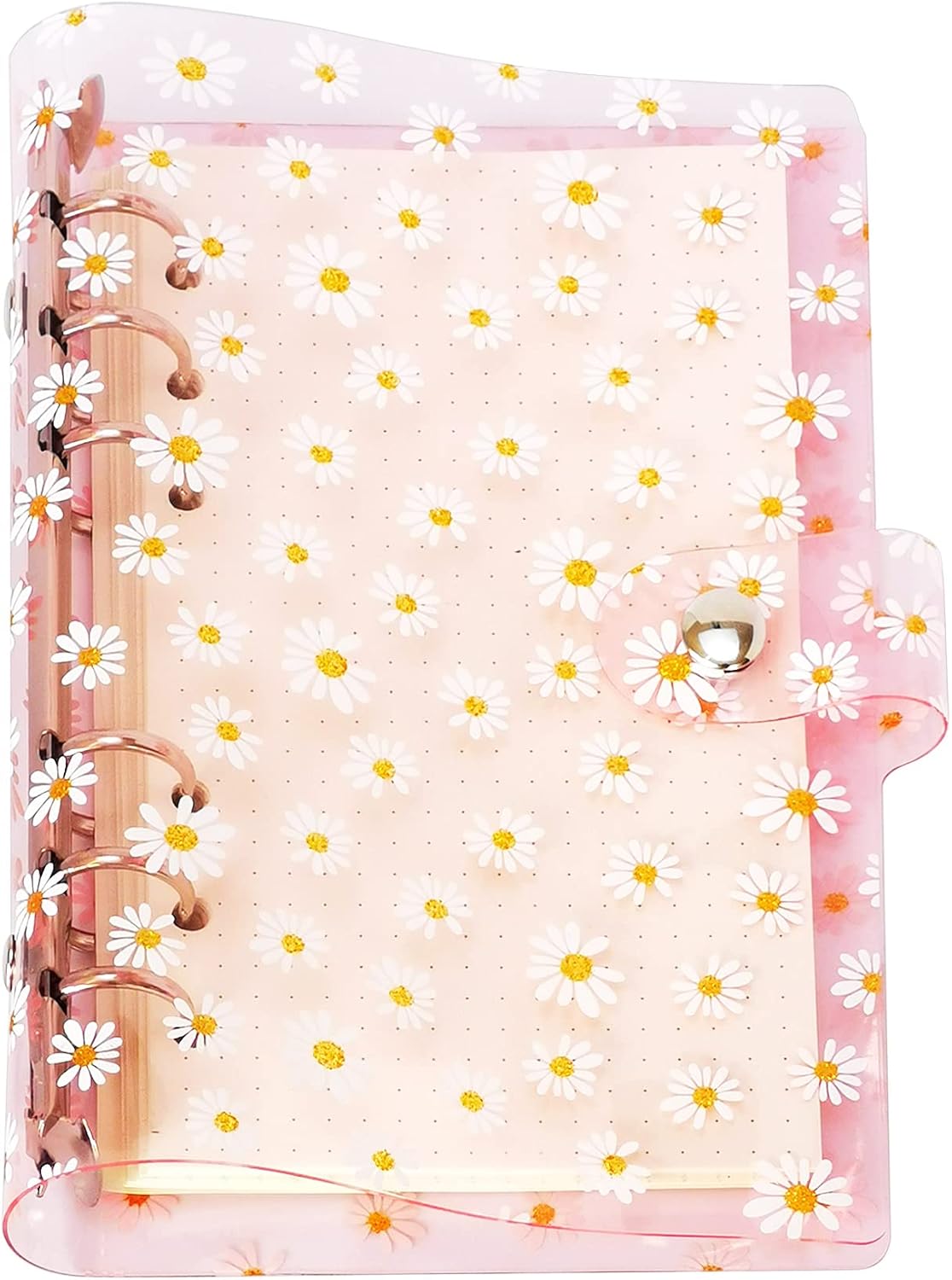 A6 A5 6-Holes Colorful PVC Cover Round Ring View Binder with Snap Button Closure File Folder for Loose Leaf Sheet Protectors Notebook Refill (Pink Daisy, A5 Mini Set) - Colors A