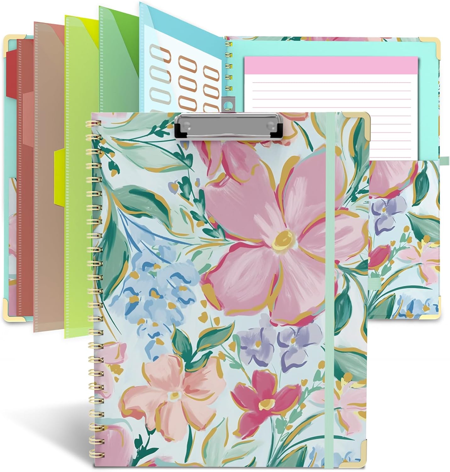 Clipboard Folio with Storage 8.5 X 11 Padfolio Notebook, Clipboards with Notepad Spiral with 10 Pockets and 5 Folders Nursing Teacher School Essentials (Pink Floral)