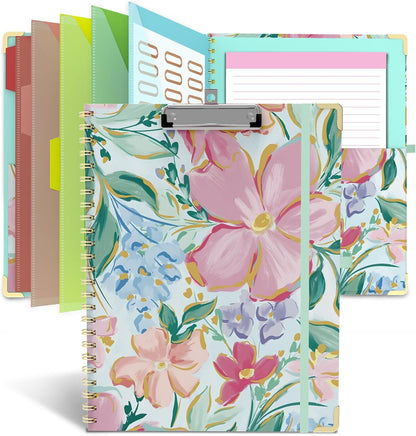 Clipboard Folio with Storage 8.5 X 11 Padfolio Notebook, Clipboards with Notepad Spiral with 10 Pockets and 5 Folders Nursing Teacher School Essentials (Pink Floral)