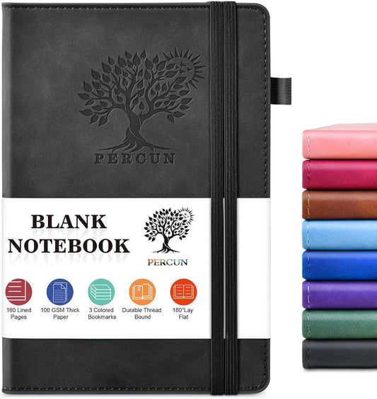 PERCUN Graph Paper Notebook, 160 Pages Grid Journal for women & men, A5 Hardcover Leather Graphing Notebook for School, Work, Travel, Note Taking 5.9”x8.5” (Black)