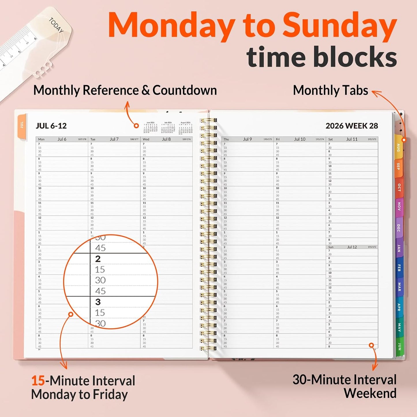 SUNEE 2026-2027 Appointment Book, Quarter-Hourly, Weekly & Monthly - from July 2026 to June 2027, 8.5"x11" Academic Planner, Flexible Cover, Note Pages, Bookmark, Spiral Binding, Black