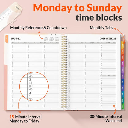 SUNEE 2026-2027 Appointment Book, Quarter-Hourly, Weekly & Monthly - from July 2026 to June 2027, 8.5"x11" Academic Planner, Flexible Cover, Note Pages, Bookmark, Spiral Binding, Black