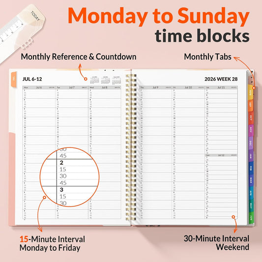 SUNEE 2026-2027 Appointment Book, Quarter-Hourly, Weekly & Monthly - from July 2026 to June 2027, 8.5"x11" Academic Planner, Flexible Cover, Note Pages, Bookmark, Spiral Binding, Black