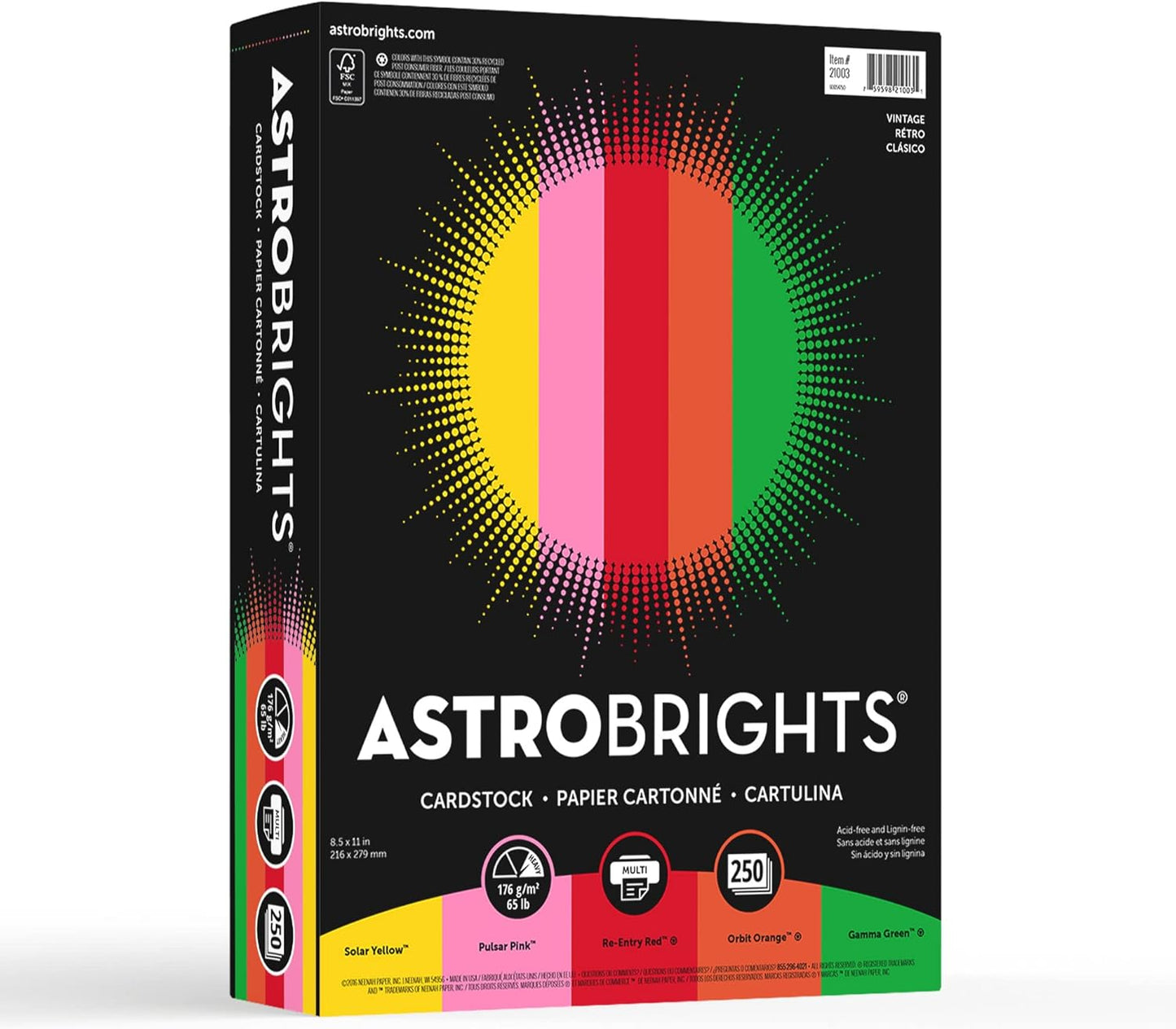 Astrobrights® Color Card Stock, Happy Assortment, Letter (8.5" x 11"), 65 Lb, Pack Of 250