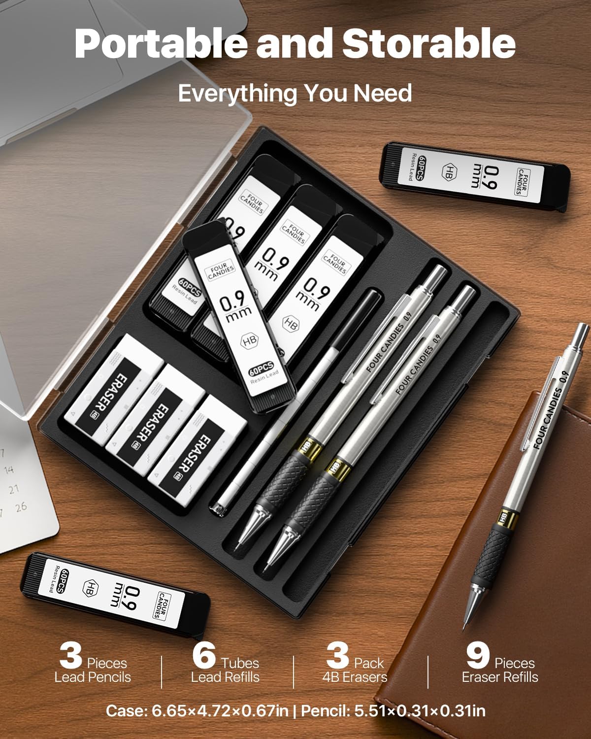 6PCS Metal Mechanical Pencil Set with 0.7mm Medium Point, 360 Leads, 12 Erasers, Art Mechanical Pencils Pack with Storage Case for School Writing, Sketching, Drawing & Professional Drafting