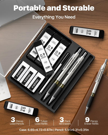 6PCS Metal Mechanical Pencil Set with 0.7mm Medium Point, 360 Leads, 12 Erasers, Art Mechanical Pencils Pack with Storage Case for School Writing, Sketching, Drawing & Professional Drafting