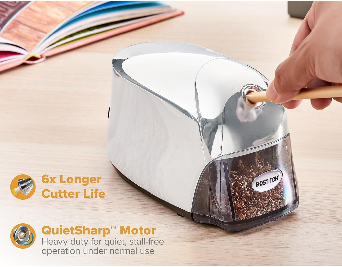 Bostitch Office QuietSharp Executive Heavy Duty Electric Pencil Sharpener for 65% Faster Sharpening and 6X Longer Cutter Life - Colored Pencil Compatible, Black