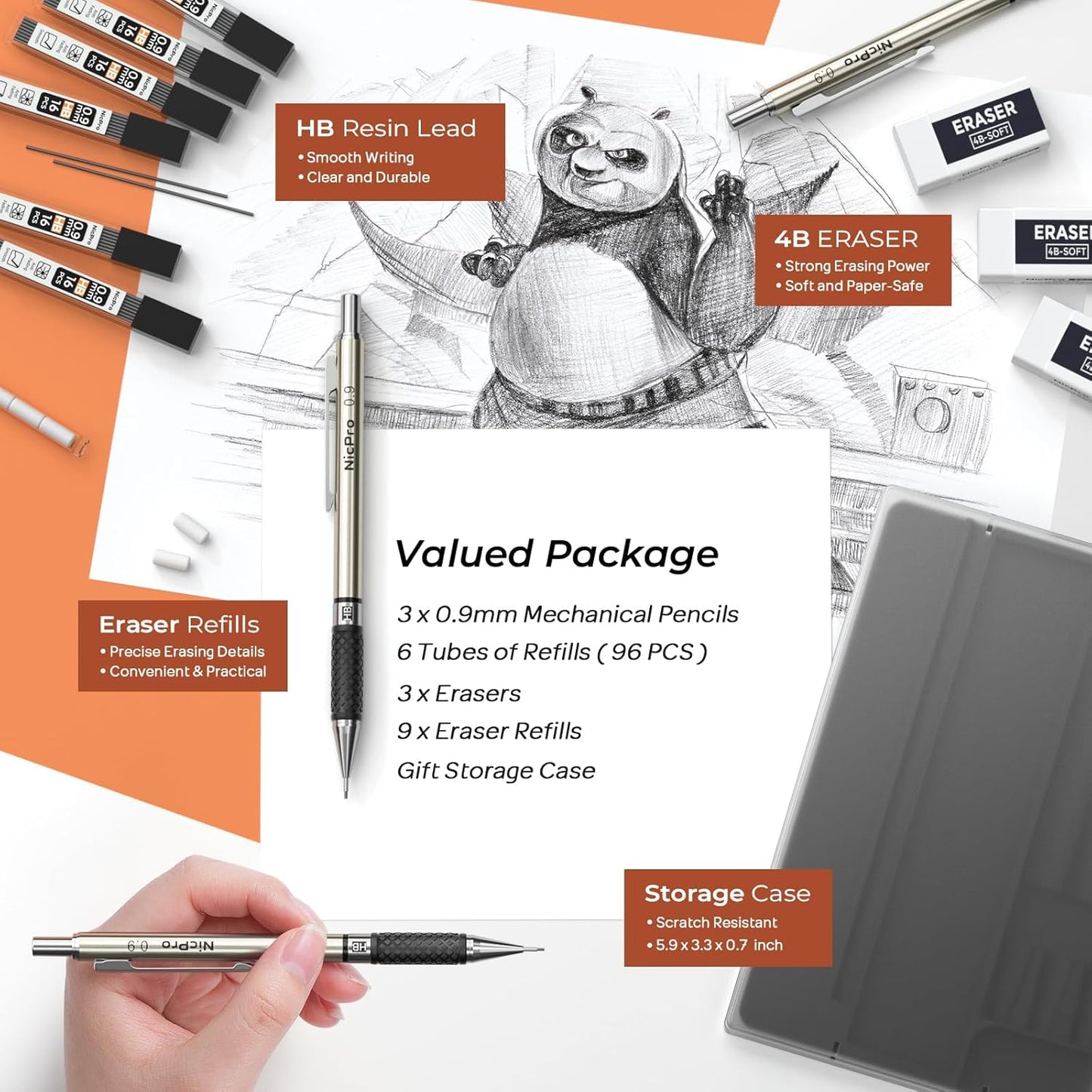Nicpro 0.7 mm Art Mechanical Pencil Set in Storage Case, 3 PCS Metal Drafting Pencil Lead Pencil with 6 Tube HB Lead Refills, 3 Erasers, 9 PCS Eraser Refills for Artist Writing, Drawing, Sketching
