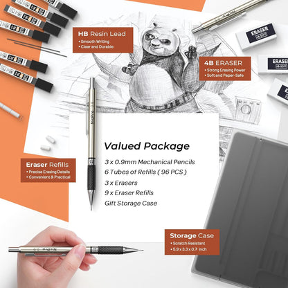Nicpro 0.7 mm Art Mechanical Pencil Set in Storage Case, 3 PCS Metal Drafting Pencil Lead Pencil with 6 Tube HB Lead Refills, 3 Erasers, 9 PCS Eraser Refills for Artist Writing, Drawing, Sketching