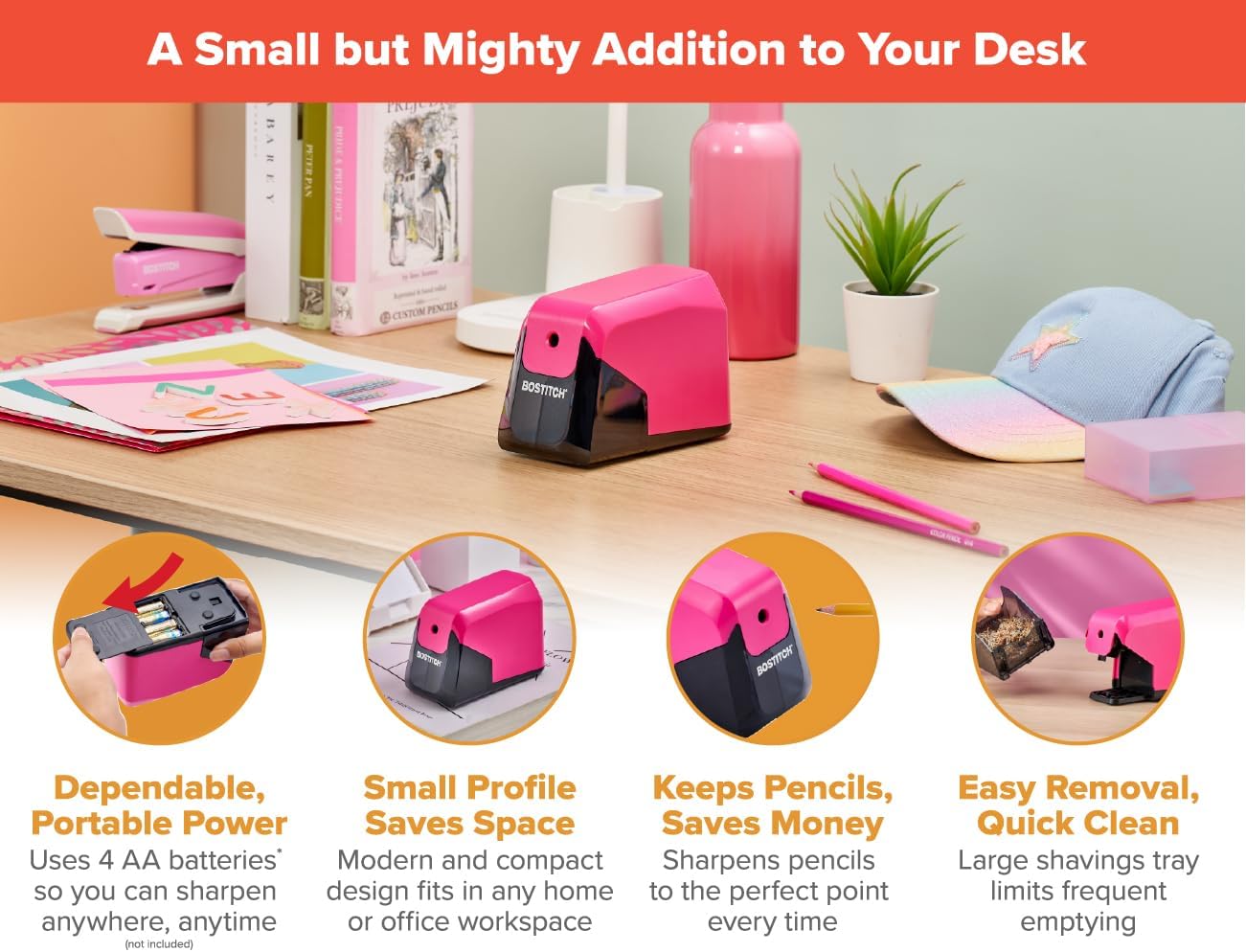 Bostitch Office Battery Pencil Sharpener, 4X Longer Cutter Life, Tip Saver Technology, Black (BPS4-BLK)